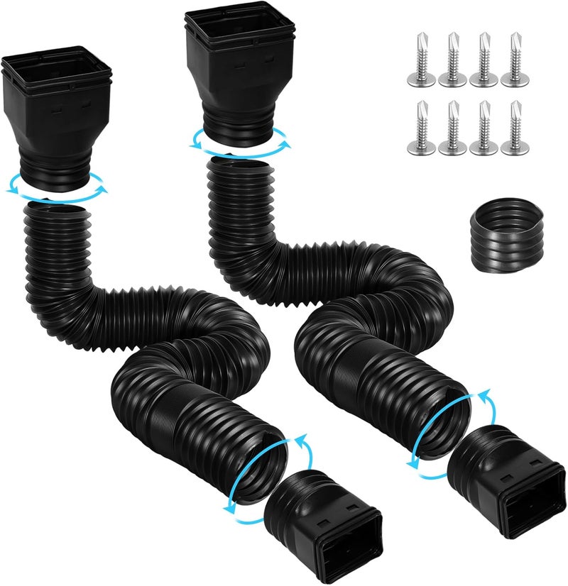 Gutterlix Flexible Gutter Downspout Extensions, Connectable Downspout Extender with 58"+ 67" Extendable Pipe, Thickened Down spout Drain Extension for Rainwater Drainage(2 Pack, Black) - Image 1